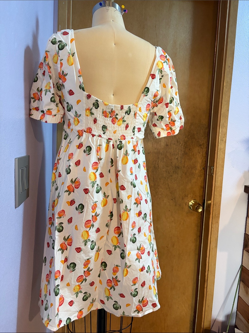 White Midi Dress with Multicolor Fruit Print - Picture 2 of 4